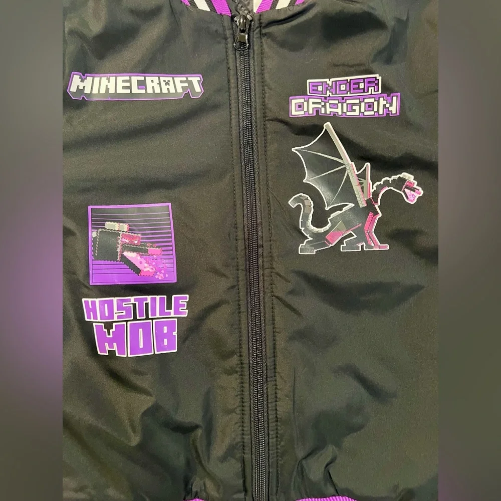 Minecraft Ender Dragon Bomber Jacket Kids Black and Purple Puffer Size 7 Unique - Picture 8 of 12